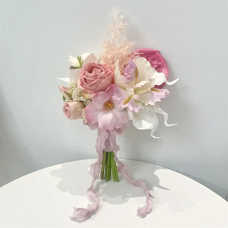 Premium rose simulation bouquet pink bridal bouquet photo studio photo fake flower certificate registration bouquet