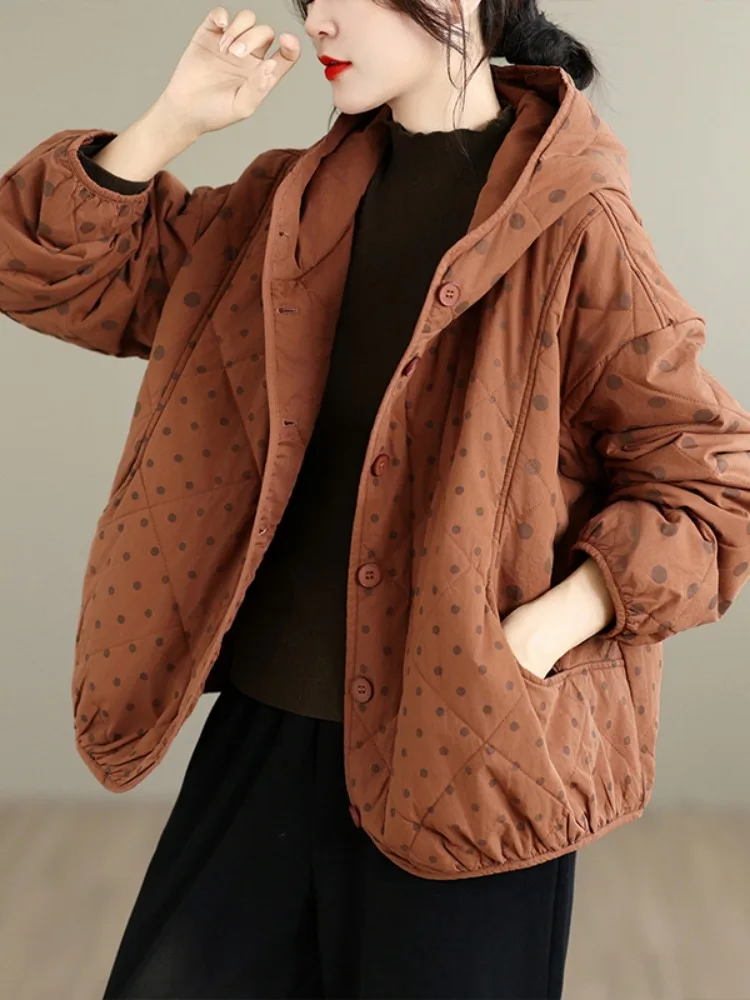 Thickened Diamond Stitch Polka Dot Cotton Jacket Women's Winter Coat with Hood Large Size Added Cotton Small Figure Cotton Cl...