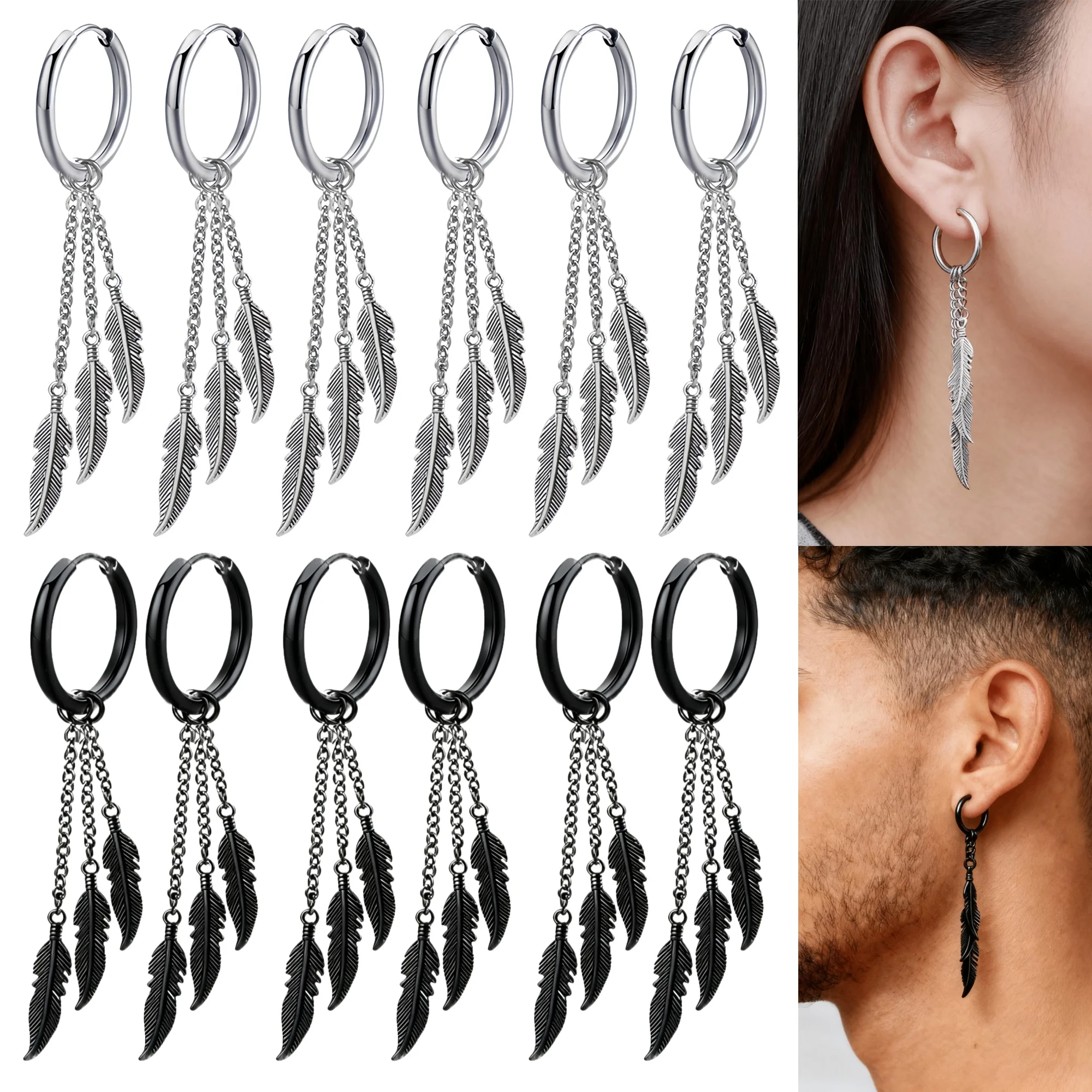 1-10 زوج خمر ريشة ليف وعاء من الستانليس ستيل الأسود ثقب هوب أقراط للسيدات اليومية العصرية Huggie مجوهرات 2025 جديد Y2K #1