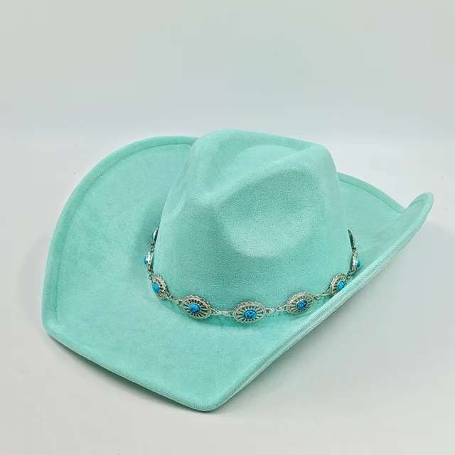 Turkusowy kowbojski kapelusz wegański zamszowy kapelusz męski jazzowy kapelusz zamszowy kowbojski kapelusz z szerokim rondem filcowy kapelusz Fedora solidny Panama sombrero hombre