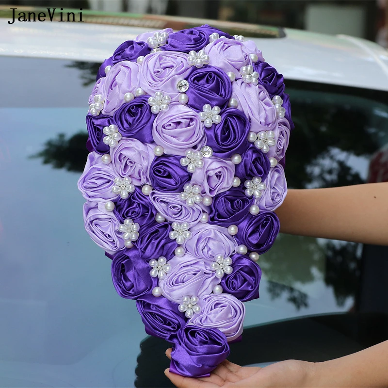 JaneVini Elegant Korean Waterfall Bride Bouquets Artificial Purple Satin Roses Pearls Bridal Flowers Bouquet Wedding Accessories