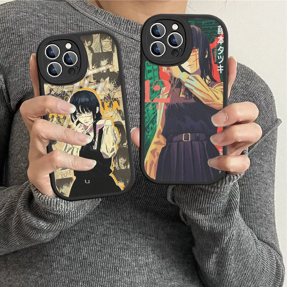 Anime-Mädchen Mitaka Asa Chainsaw Man Leder-Handyhülle für iPhone 16 15 14 13 12 11 Pro Max Plus Stoßfeste Schutzhülle