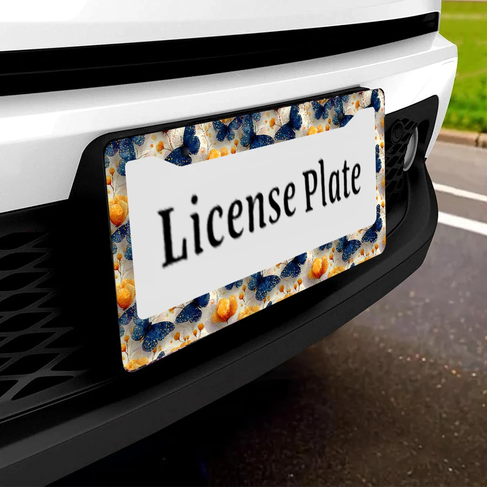 1 قطعة إطار لوحة ترخيص بفتحتين على شكل فراشة وزهرة زرقاء، مادة ألومنيوم، 6 × 12 بوصة، مع مجموعة براغي، مبتكرة قديمة #5