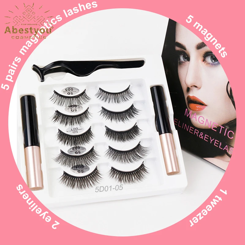 Abestyou Multi-packed 3d 5pairs Natural Magnetic Mink Eyelashes And Eyeliner Set Magnetische Wimpers Kit Faux Cils Magneticas