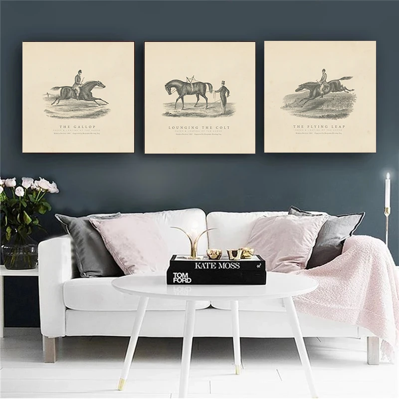 Vintage 1880s Equestrian Race Horse Riding Leap, Lounge, Gallop, Trot, Walk Poster Canvas Painting Wall Art Pictures Home Decor