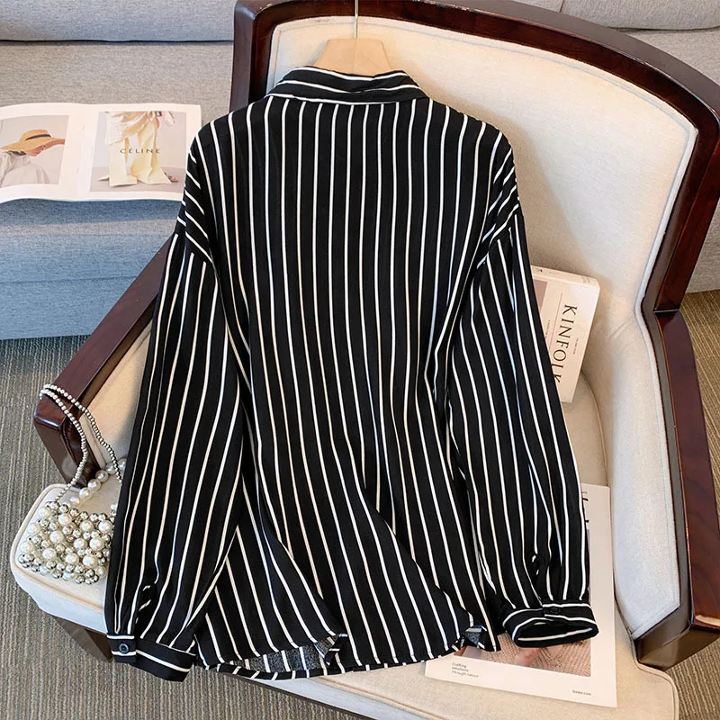 150Kg Plus Size Women\'s Bust 157 Autumn Striped Casual Shirt Long Sleeve Top Black 6XL 7XL 8XL 9XL 10XL