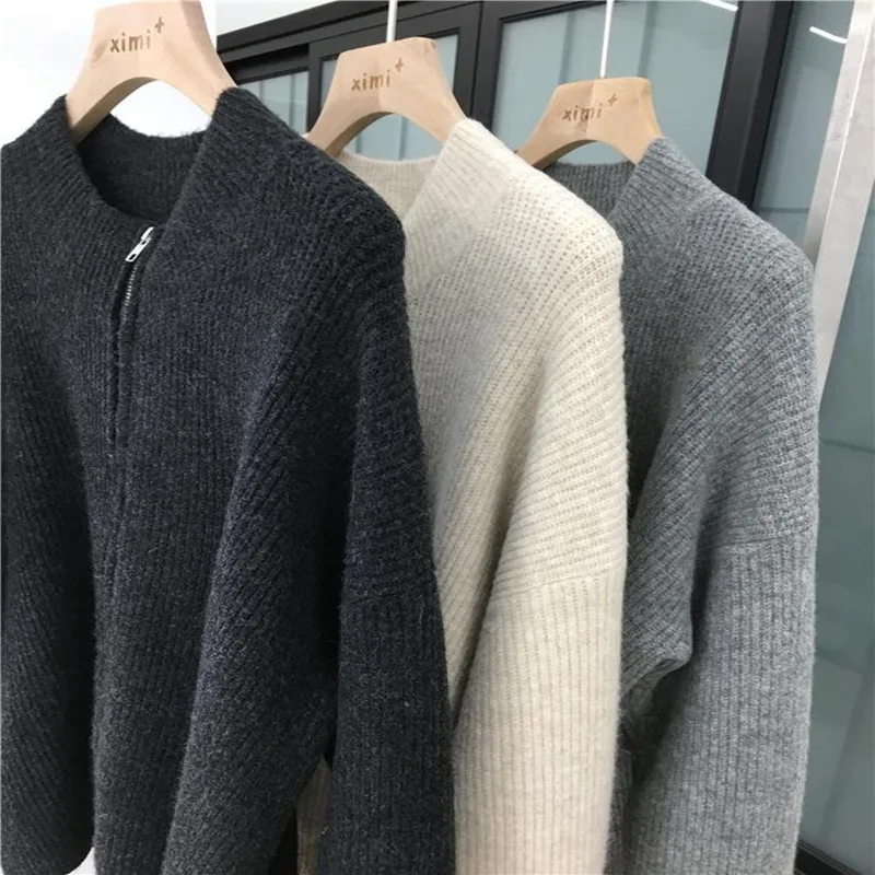 Fashion casual zipper cashmere cardigan women autumn winter half high round neck sweater loose knit lazy wool coat