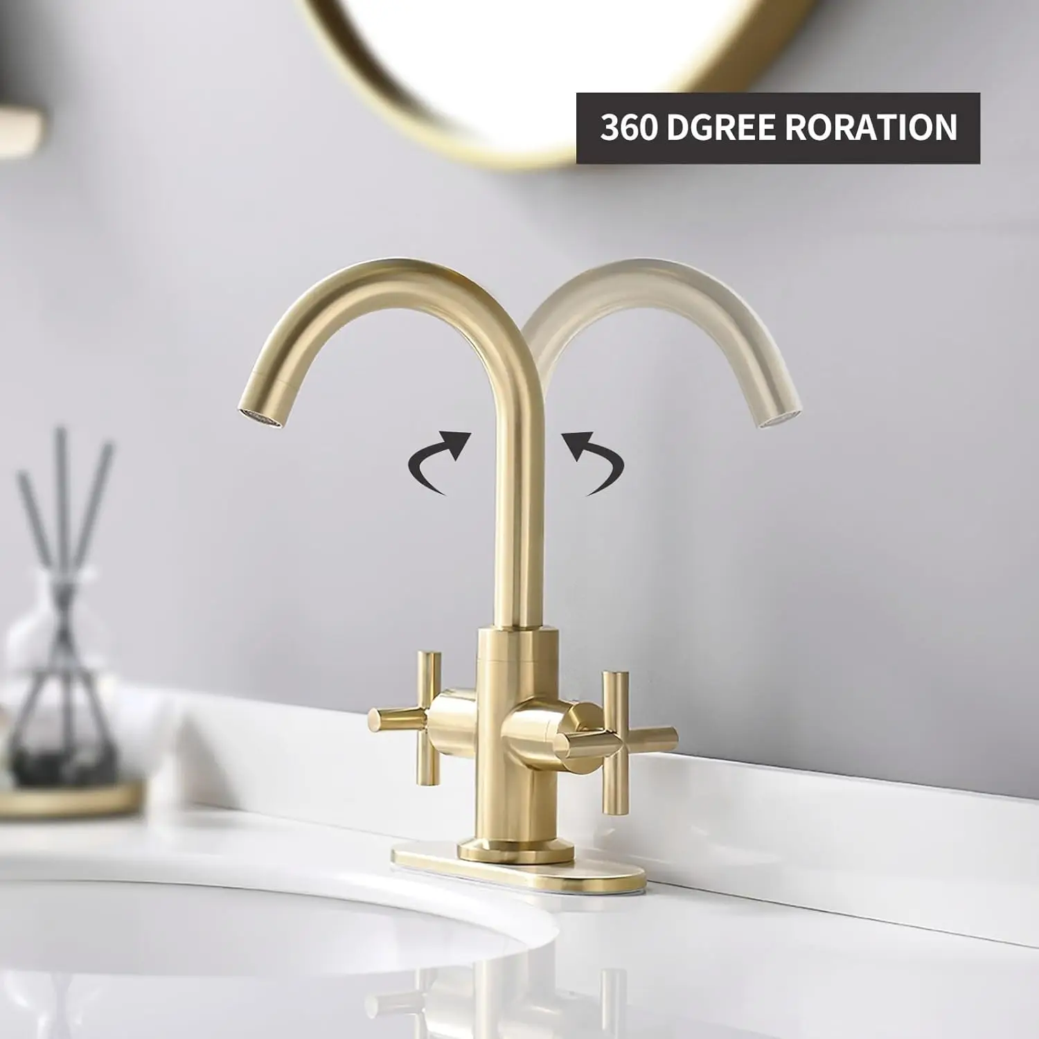 Brushed Gold  Sink Faucet, 4 Inch Single Hole or 3 Hole Centerset Vanity Faucet, with Swivel 360 Degree Spout, Pop Up Drain