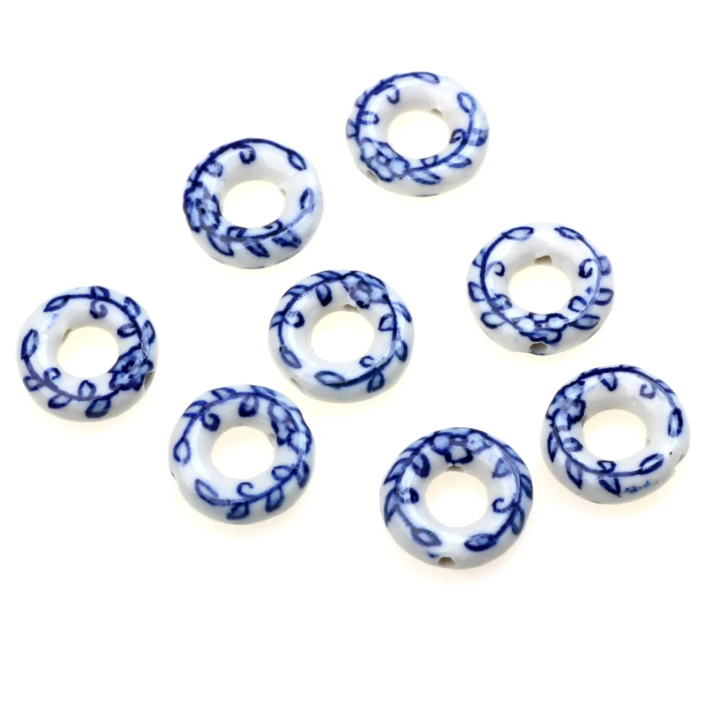 6Pcs/Lot 18MM Ceramic Loose Bead Blue And White Double Hole Nostalgia DIY Bracelet Necklace Earrings For Women Jewelry Making