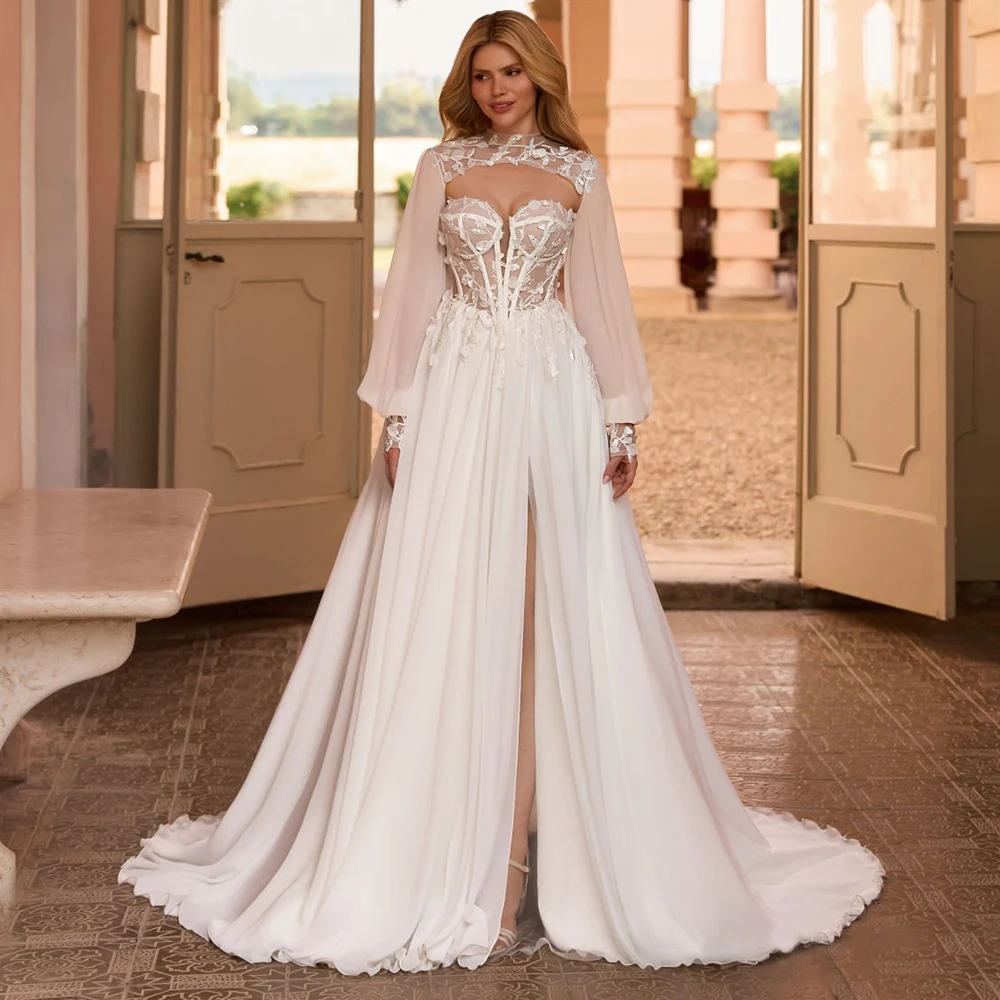 

Bohemian Chiffon White Long Sleeves Wedding Dress for Women Customized O-Neck Appliques Side Slit Bridal Dress with Zipper Back