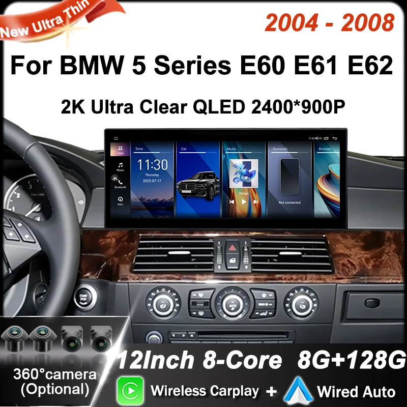 

12,3-дюймовый ультратонкий экран Android 16 BT для BMW 5 серии E60 E61 E62 2004-2008 с системами CIC/CCC, 4G автомобильное радио, видеоплеер, мультимедийный проигрыватель