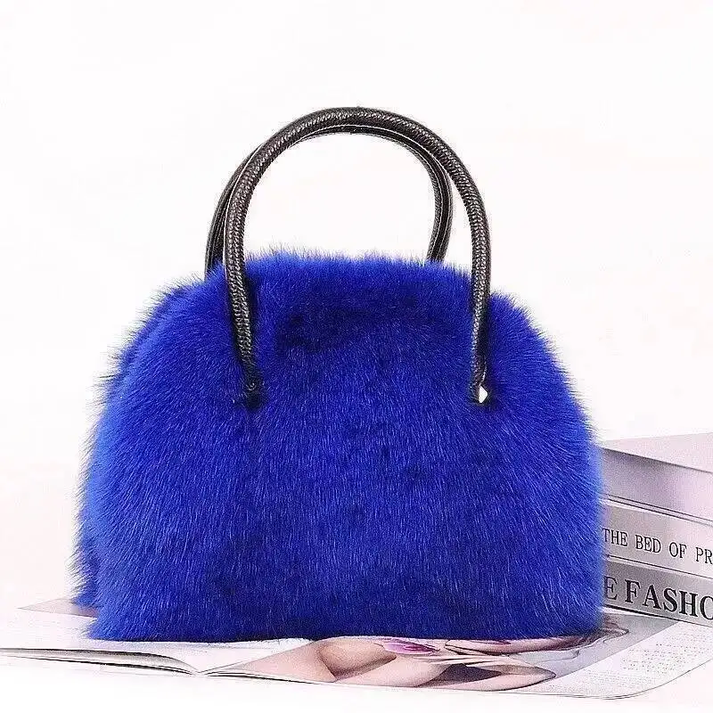 Winter Women Fox Fur Handbags Genuine Cowhide Hard Handle Handbag Full-pelt Red Fur Shoulder Luxury Evening Fashion Bags Tote