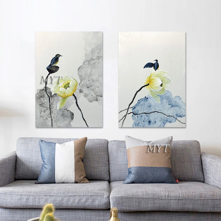 

2PCS Natural Pictures Wall Abstract Art Handmade Paintings On Canvas Birds And Lotus Hand Painted Art Oil Painting Frameless