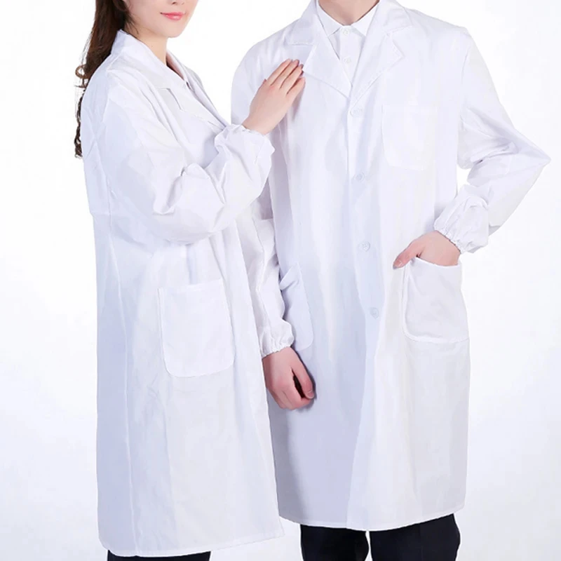 Men's Women's Unisex Long Sleeve White Lab Coat Polka Dot Lapel Button Down Medical Nurse Doctor Uniforms Sweatshirt