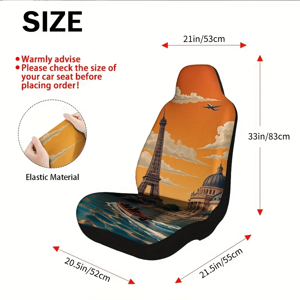 2pcs, Eiffel Tower Travel Scenic Print Car Seat Covers Fit For Front Seats, Easy Install And Washable, Fit For Cars, SUVs, Truc