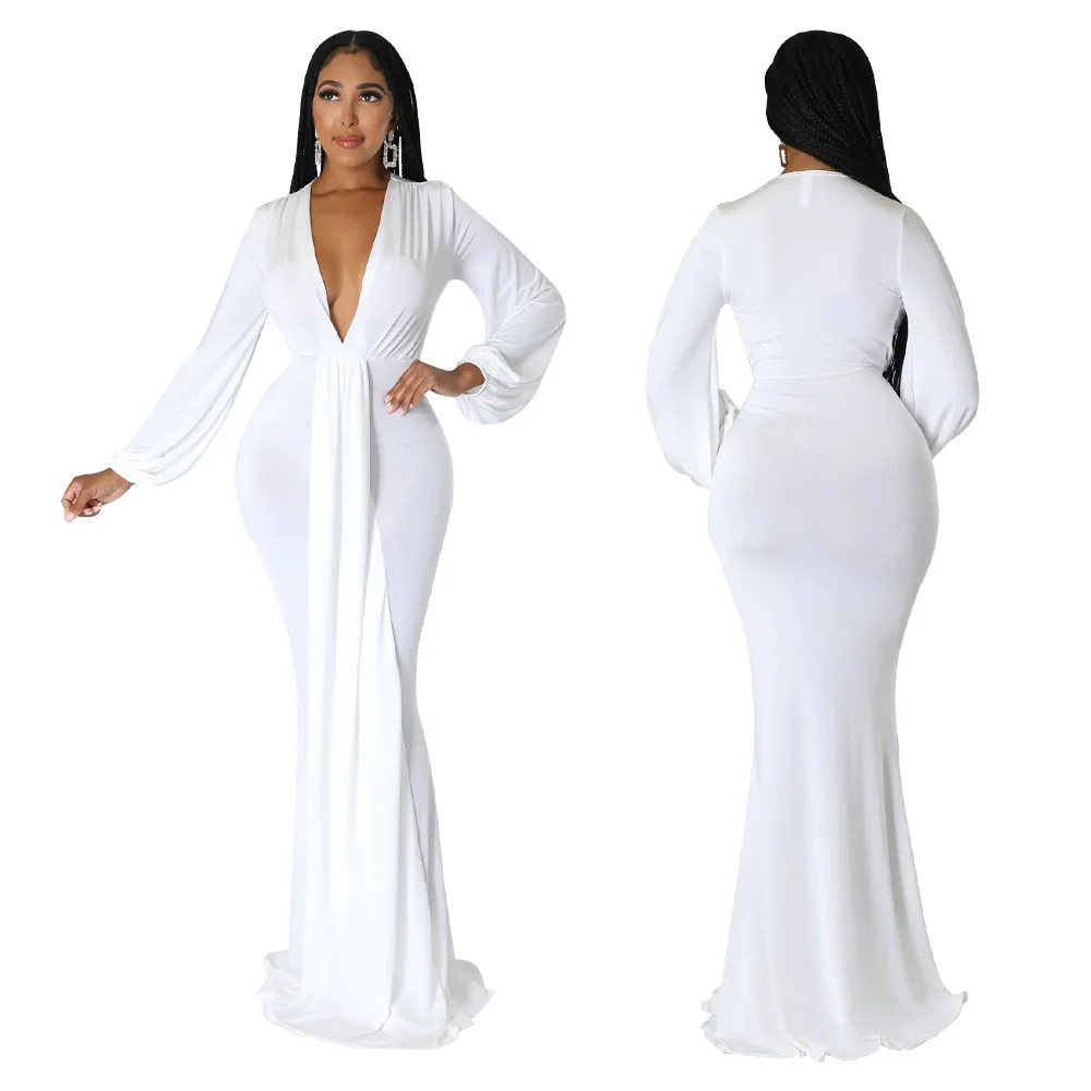 

Elegant Evening Dresses Long Patry Gown Sexy Deep V Long Sleeve Mermaid Bodycon Split Maxi Robe Femme