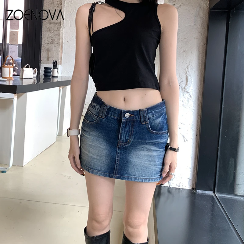 ZOENOVA Summer New Fashion Women's Denim Short Skirt Maillard Street Sexy Versatile Classic Low Waist Loose Casual Jeans Skirt