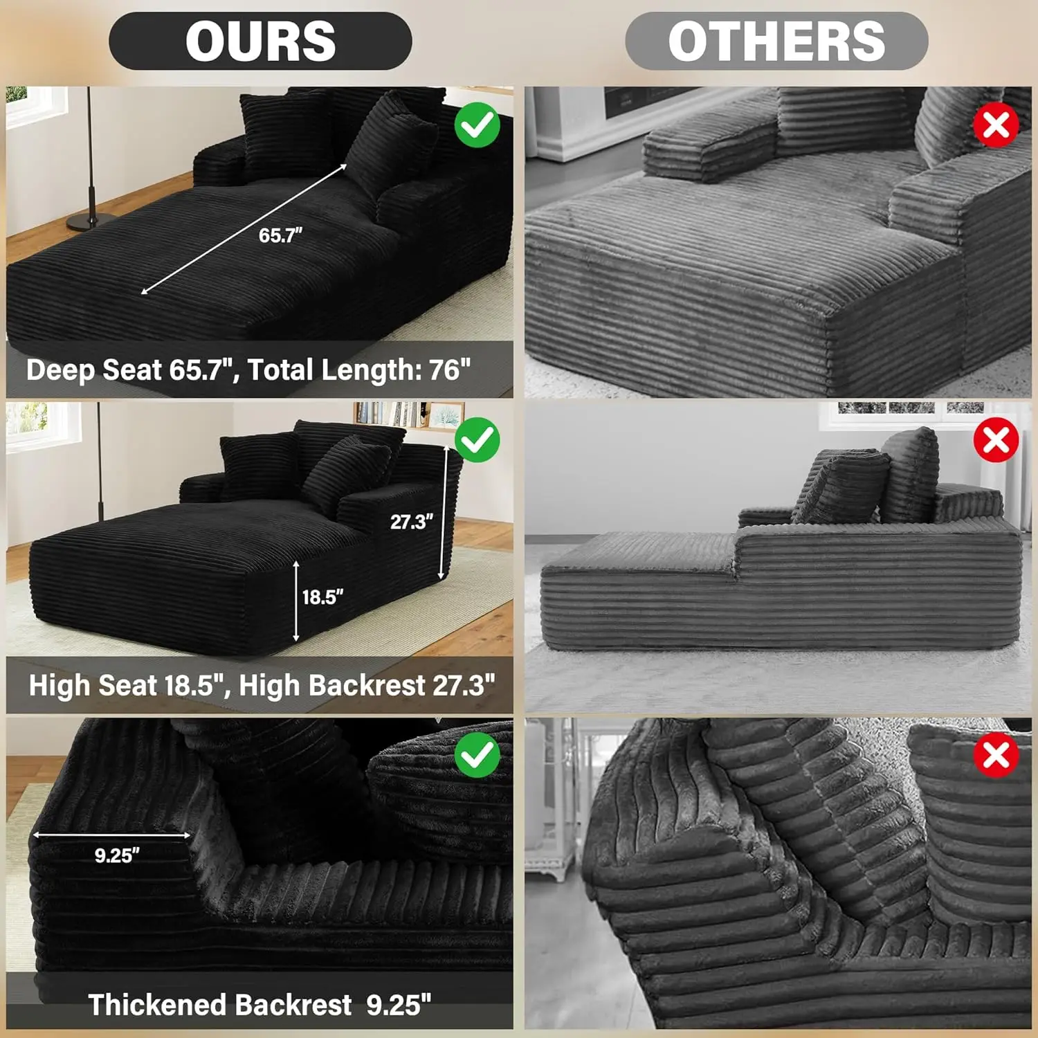 Espreguiçadeira interna, 50 "L x 76" D Espreguiçadeira de veludo de pelúcia sem desossado com encosto engrossado e assento alto profundo confortável