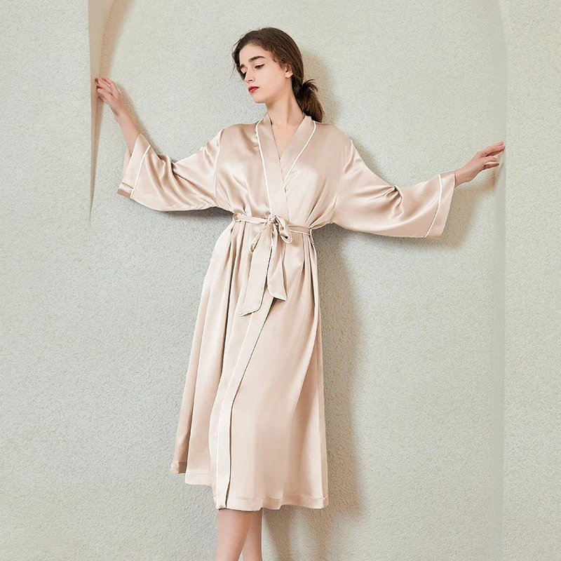 

Elegant Long Women's Silk Robe Kimono Luxury 100% Mulberry Silk Nightgown Bathrobe with Belt Women's Sexy Loungewear Nightie PJS