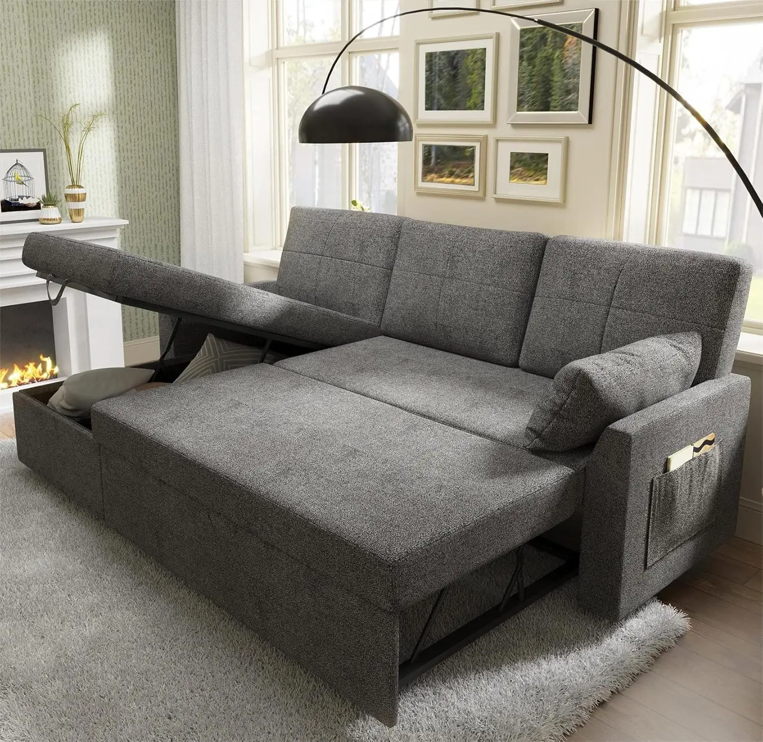 leeper Sofa- 2 in 1 Pull Out Bed with Storage Chaise for Living Room, , Grey Chenille Couch