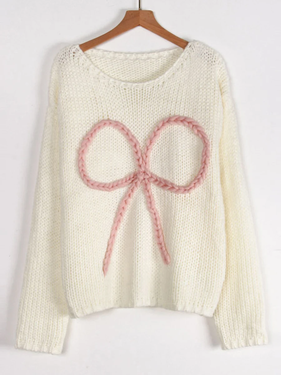 Women s Cozy Cable Knit Sweater with Oversized Bow Detail and Embroidery Long Sleeve Round Neck Pullover for Autumn