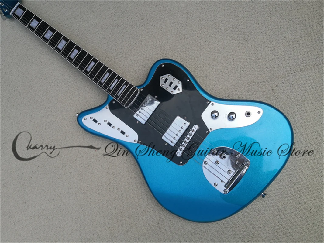 Metal Blue Electric Guitar Basswood Jag Body  Fixed Bridge Rosewood Fingerboard Pearl Inlay Maple Neck Vintage Tuners