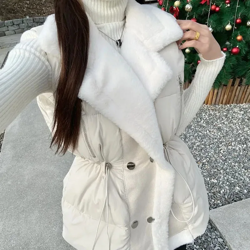 

Женский шикарный двухрядный жилет с меховым воротником на пуговицах и застежкой на талии, осень-зима, новый дизайн, хлопковый пуховый жилет...