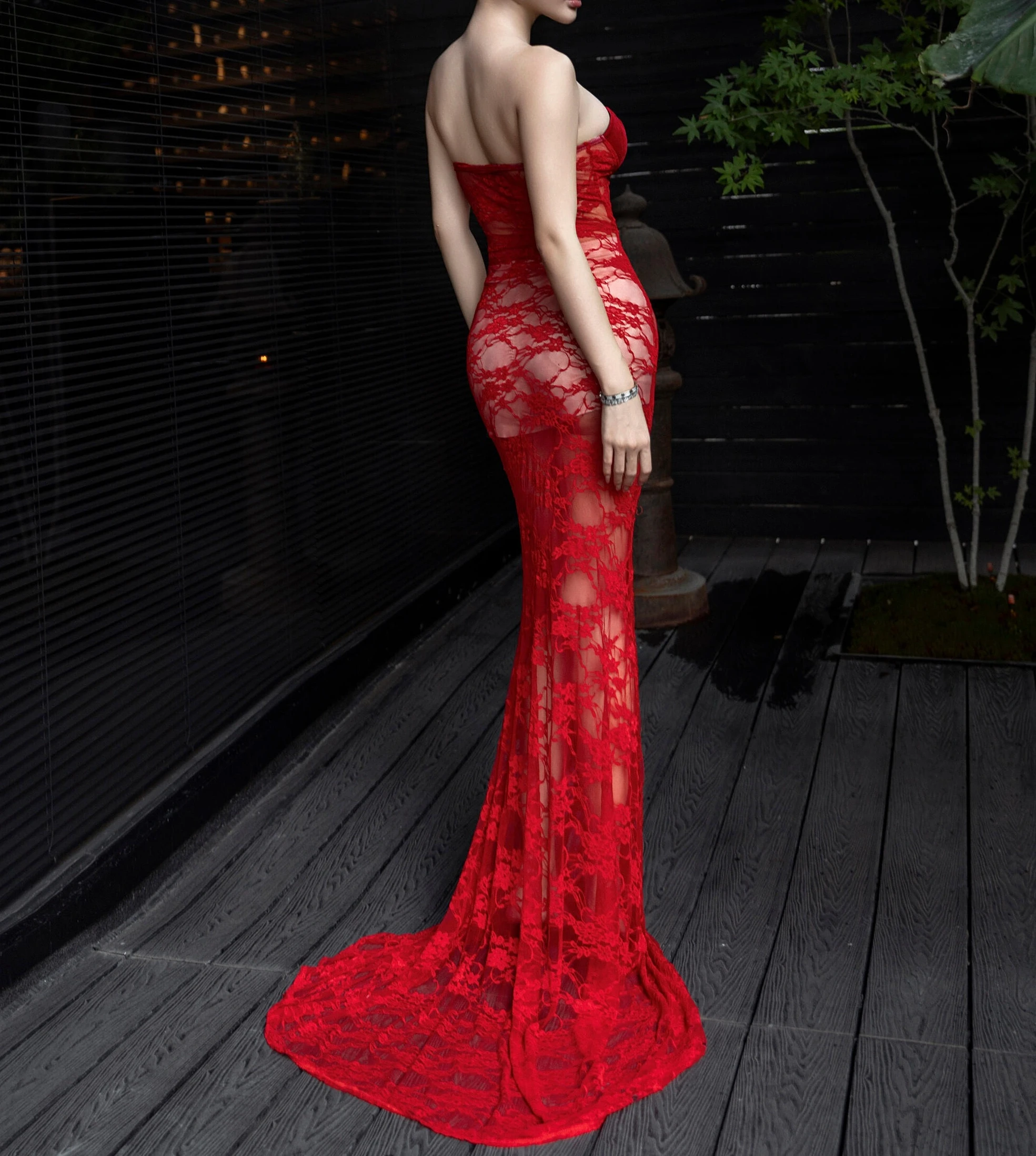 فستان دانتيل أحمر للنساء برقبة مائلة وحمالات رفيعة أنيقة وأنيقة ماكسي فيستدوس ضيقة بدون أكمام ملابس حفلات صيفية للسيدات #3