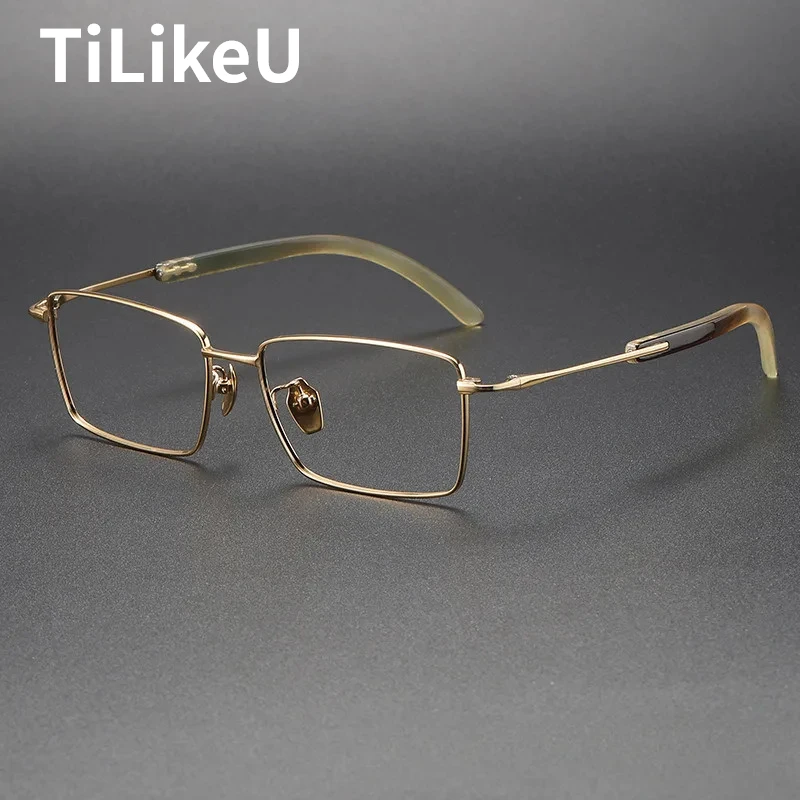 

High-end Natural Ox Horn + Pure Titanium Frame Retro Square Eyeglasses 2024 Men's Business Brand Designer Eyewear Male Spectacle