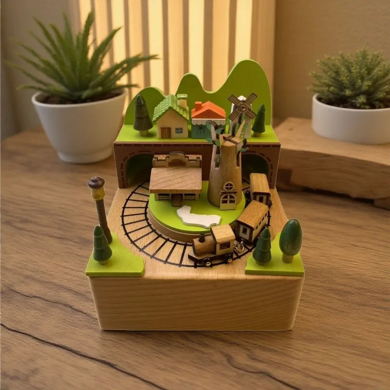Wooden Desktop Music Box Creative Birthday Gift Music Box Handicraft Rotating Small Train Home Accessories Home Decor