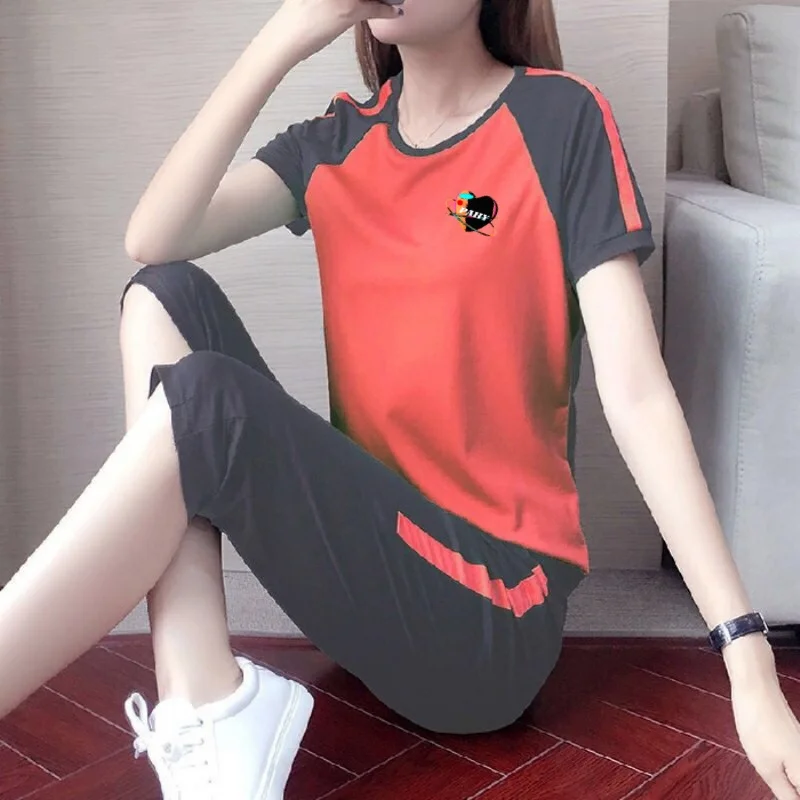 Casual sports suit for women summer new fashion loose short-sleeved cropped pants plus size running suit two-piece set