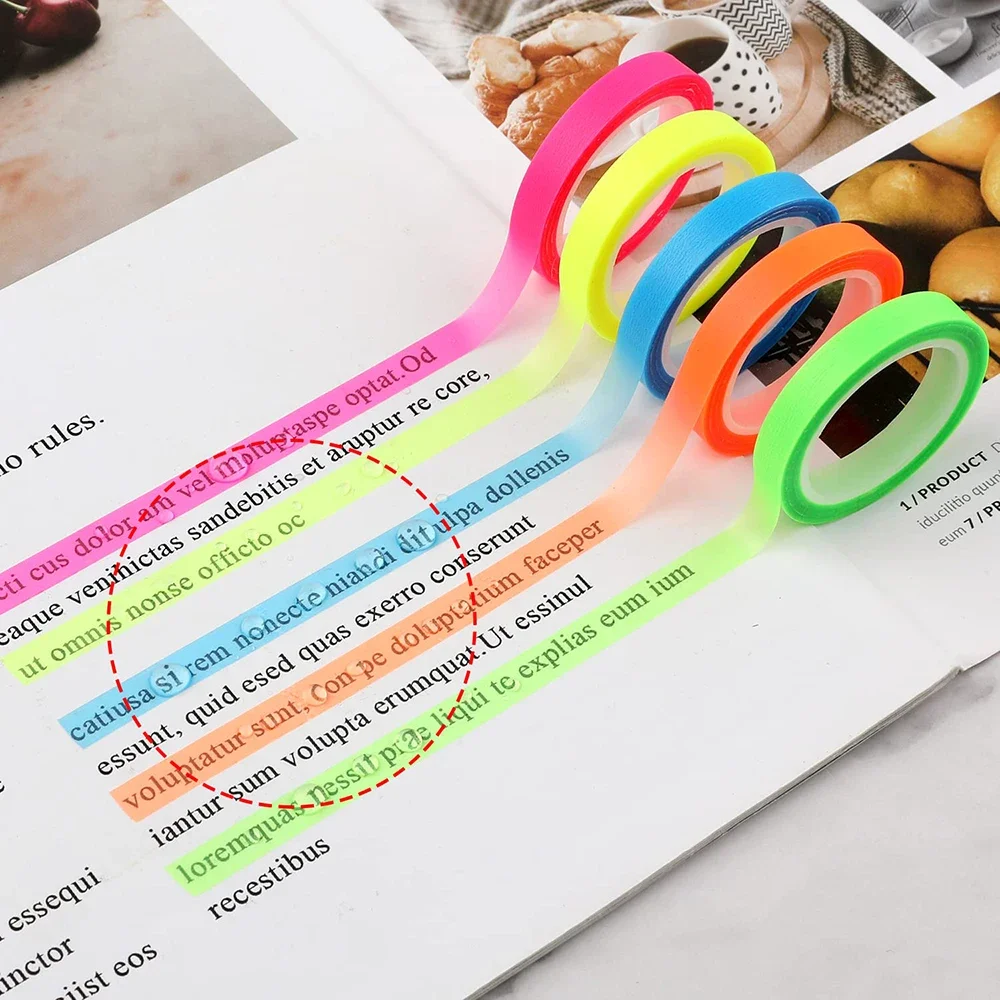 5 Roll Index Stickers Transparent Fluorescent Tape Waterproof Tabs Taking Notes Label Children Gift School Office Adhesive Tape