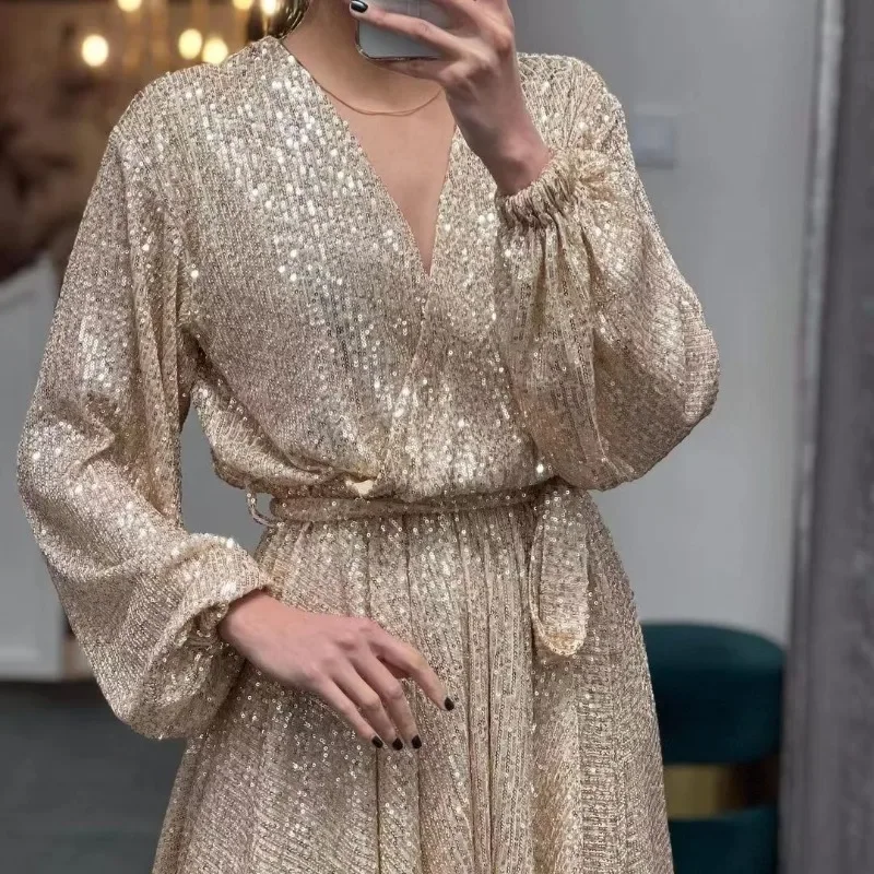 2024 Sexy Sequins Long Sleeve V Neck Evening Dress Graduation Gala Dress Night Clubwear Women Elegant Birthday Party Dress