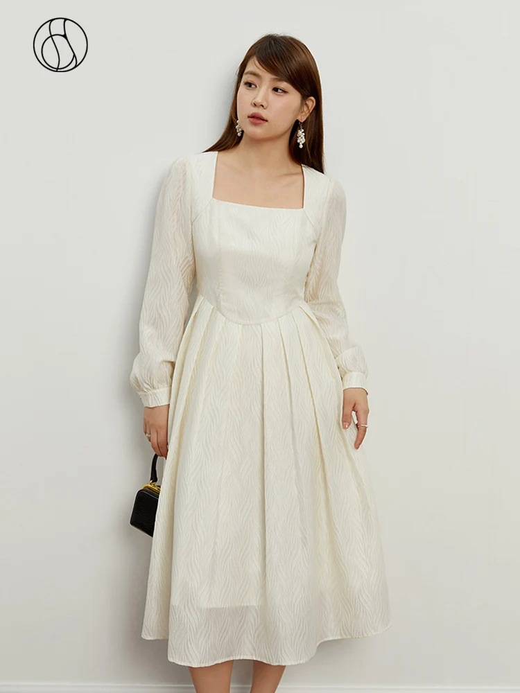 DUSHU Romantic Atmosphere Retro Dress Autumn 2023 New French Square Neck White Flowing Dress High Waist Casual Loose Dress