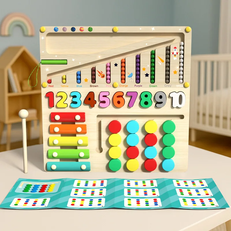 Aides pédagogiques Montessori pour l'éducation précoce, multifonction, quatre en un, perles éducatives, labyrinthe, jouets en bois pour bébés et enfants