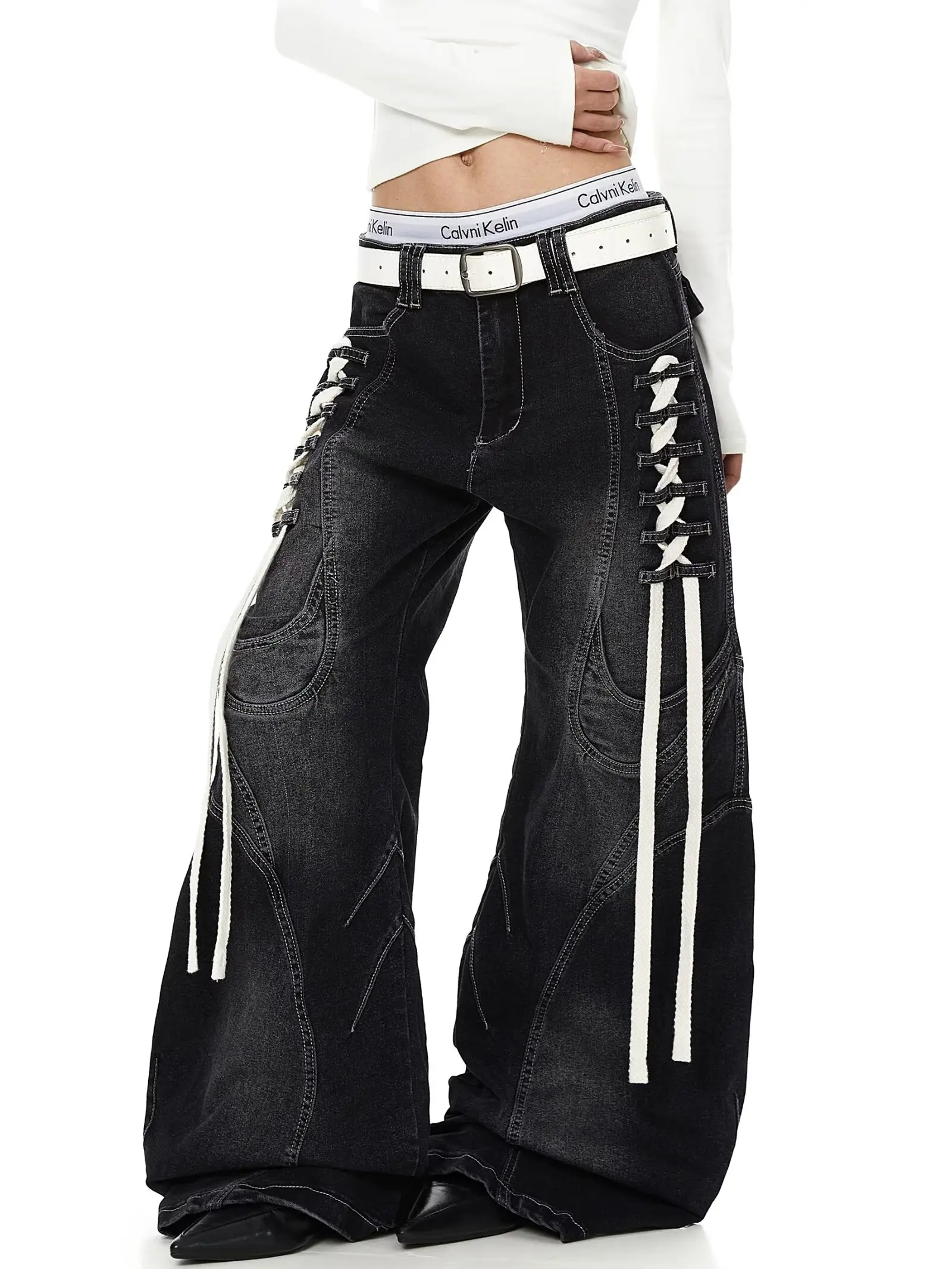 Women's Low Rise Flare Jeans Bow Lace Up Japanese Designer Denim Pants Y2k American Retro Bell Bottom Jeans Harajuku New