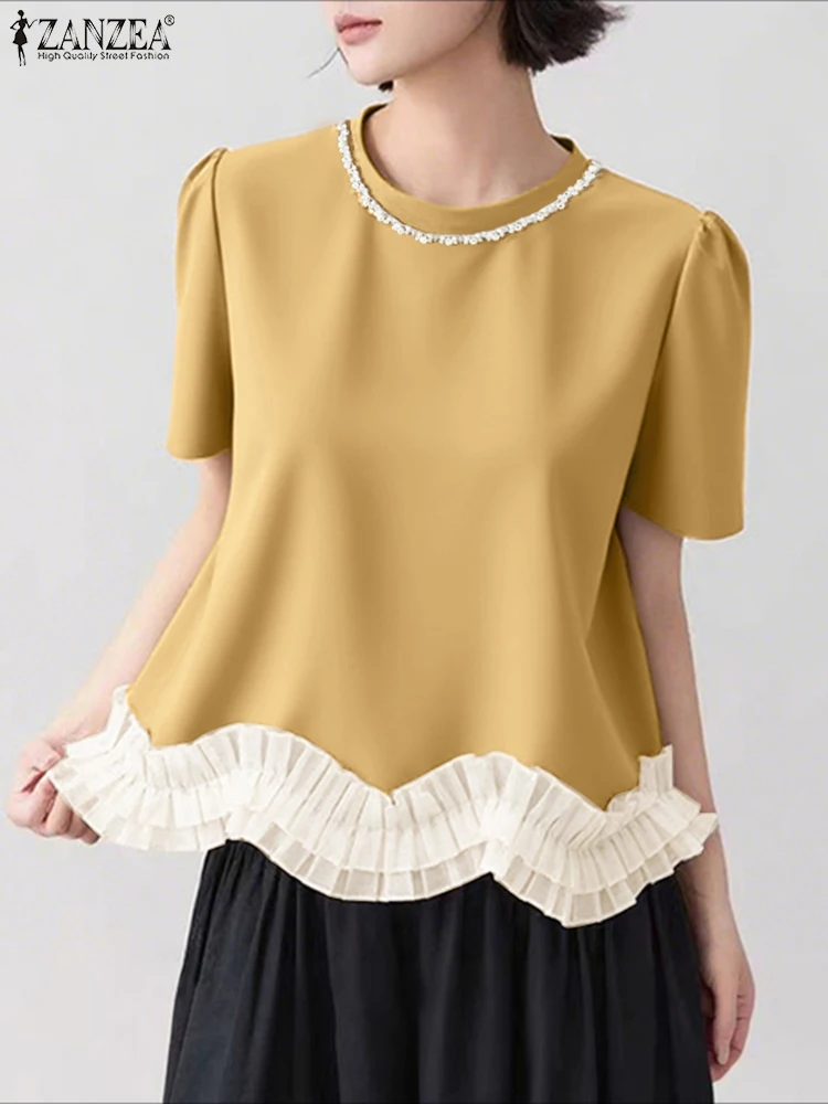 

ZANZEA Summer Blouse Fashion Women Short Sleeve Color Patchwork Ruffled Shirts 2025 Elegant Round Neck Casual Loose Mesh Tops