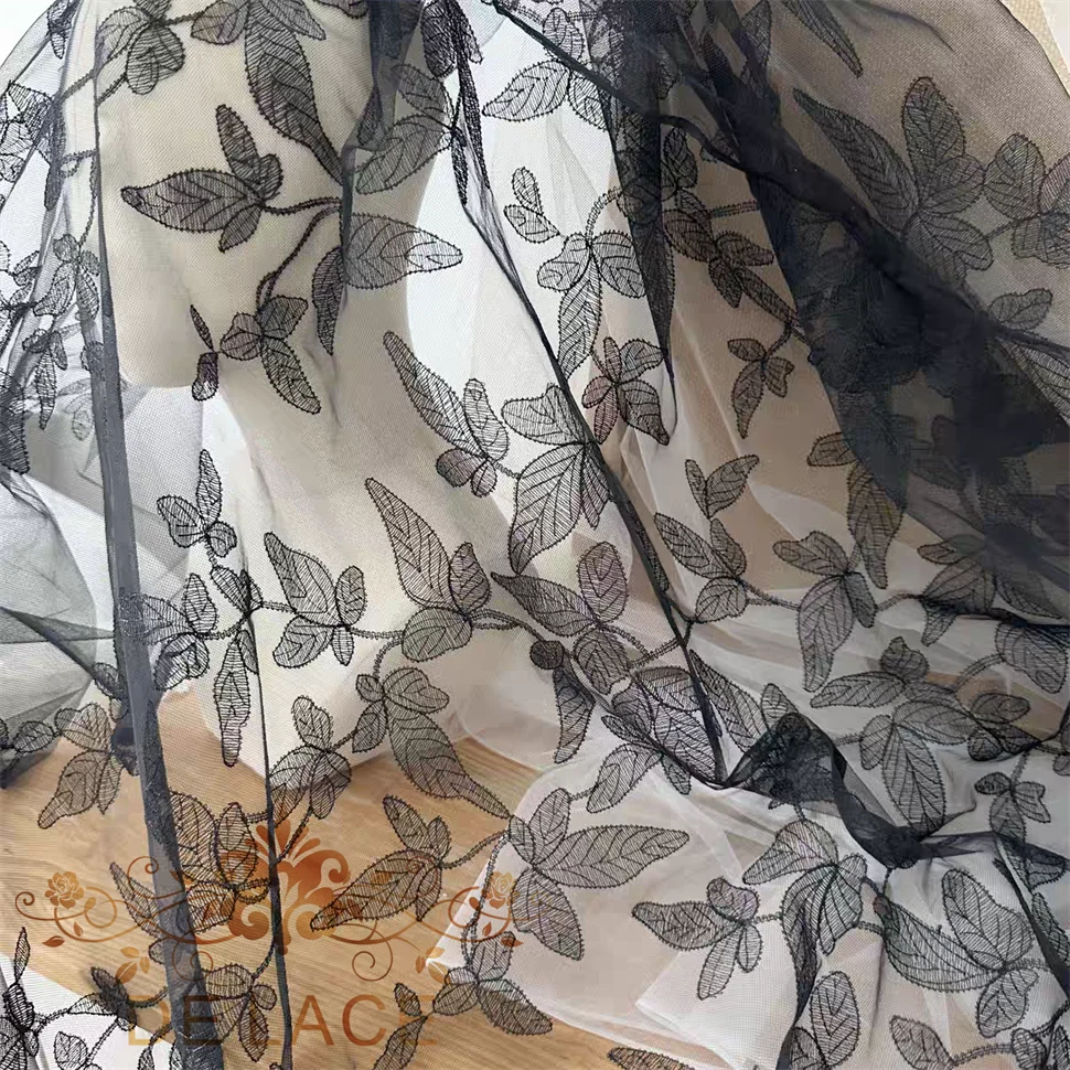 

SXGN Vintage Ivory & Black Leaves Pattern Lace French Embroidered Lace Fabric for Wedding Dresses