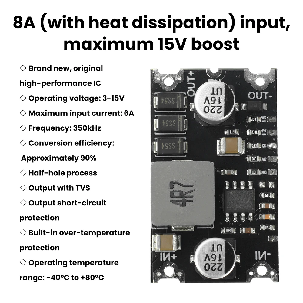1 Stück DC3-15V Weitspannungseingang, umwandelbar auf 5V 6V 9V 12V 15V, 6A Hochleistungs-DC-Boost-Modul mit Kurzschluss-Schutz und TVS