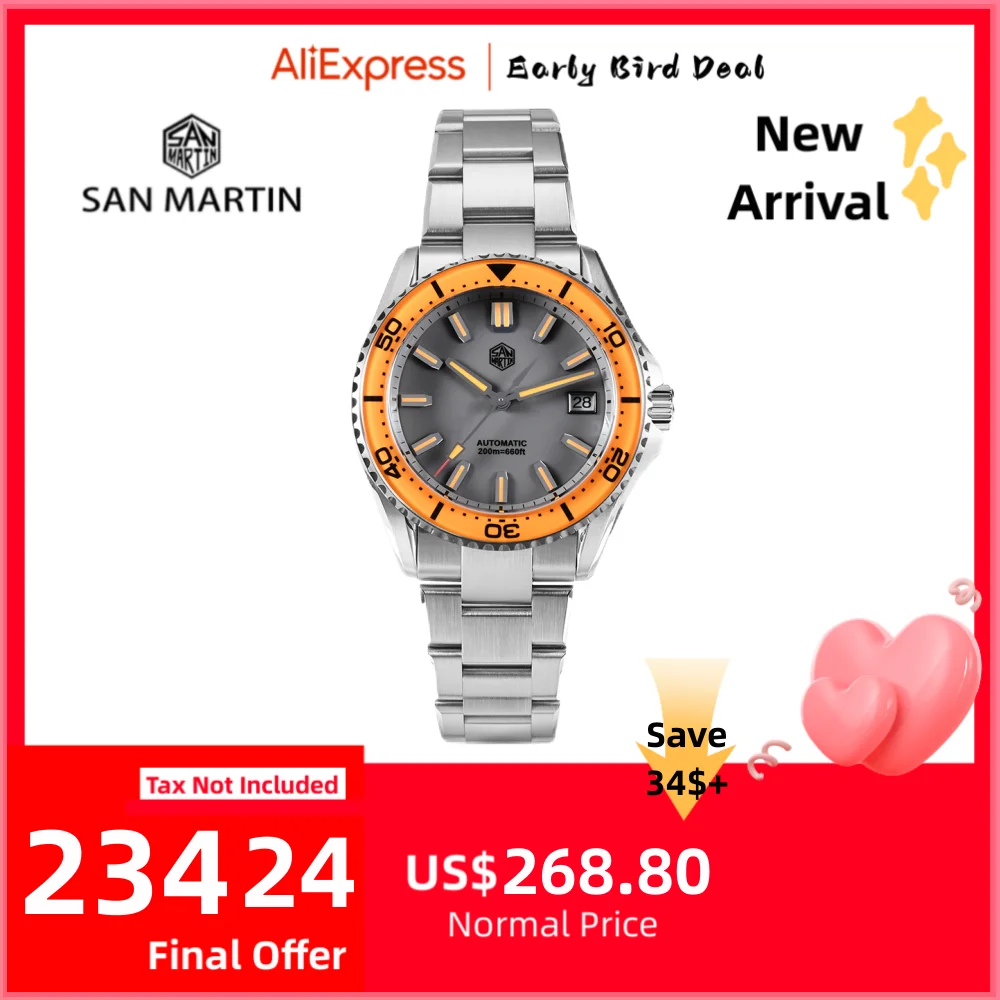 San Martin Sapphire Bezel NH35 Sports Men Watch Enamel Dial 3H Date 20Bar Waterproof BGW-X1 / Orange Luminous Wristwatch SN0129D