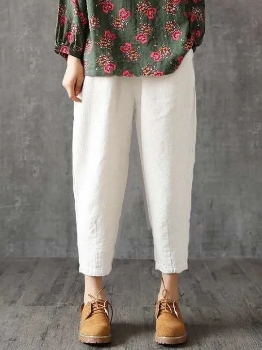 กางเกงลำลองผ้าฝ้ายลินินสำหรับผู้หญิง รุ่นใหม่ ปี 2025 ทรงหลวม ทรงตรง บางเบา ใส่สบายสำหรับฤดูร้อน กางเกงฮาเร็มเก้าส่วน เอวสูง ยางยืด