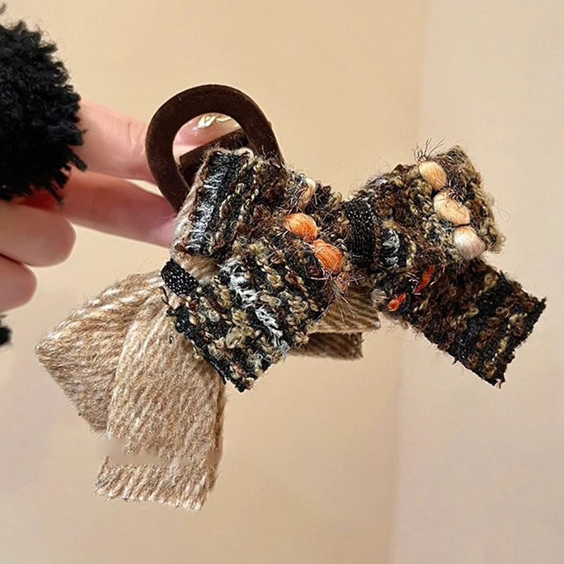 

Ретро-заколка для волос из шерстяной смеси с цветными блоками и двойным бантом для женщин и девушек, большая заколка-«акула», аксессуар для волос