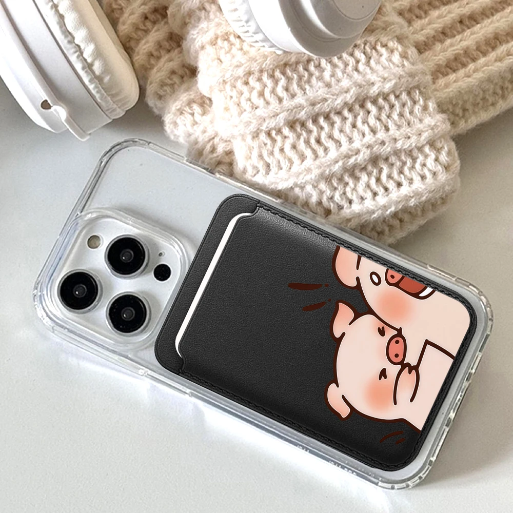 Leder-Kartenhalter mit Cartoon-Schweinchen-Motiv für Paare, Handy-Kartenhalter für Magnetische Hüllen, Geeignet für alle iPhone Magsafe Karten-Handy-Rückseiten-Taschen – Detail 4