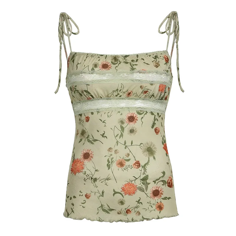 Summer Women Floral Printed Camisole Lace Spliced Crop Tops Ladies Lace-up Straps Camis Female Sexy Sleeveless Backless Vests