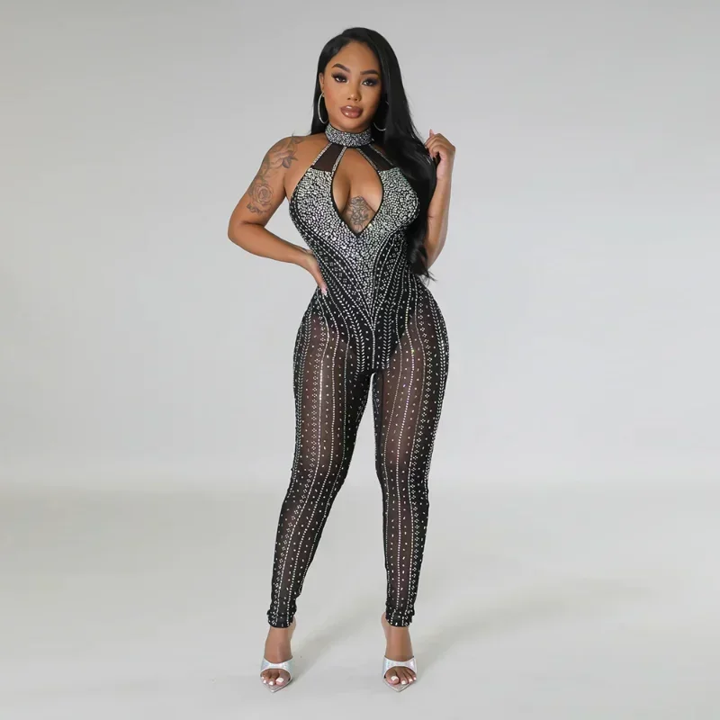 

GUWU Fashion Women Hot Rhinestones Sleeveless Jumpsuit 2024 Summer Vintage Sexy Diamonds Party Romper One Piece Set Playsuit