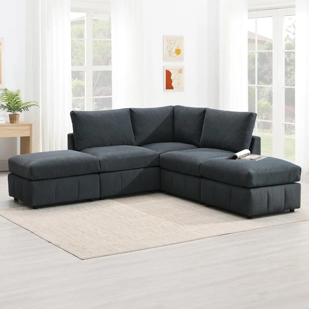 

5 Seat Modular Sofa with Convertible Ottomans, Armless Corduroy Sectional Couch Set with Vertical Stripes Various Combinations