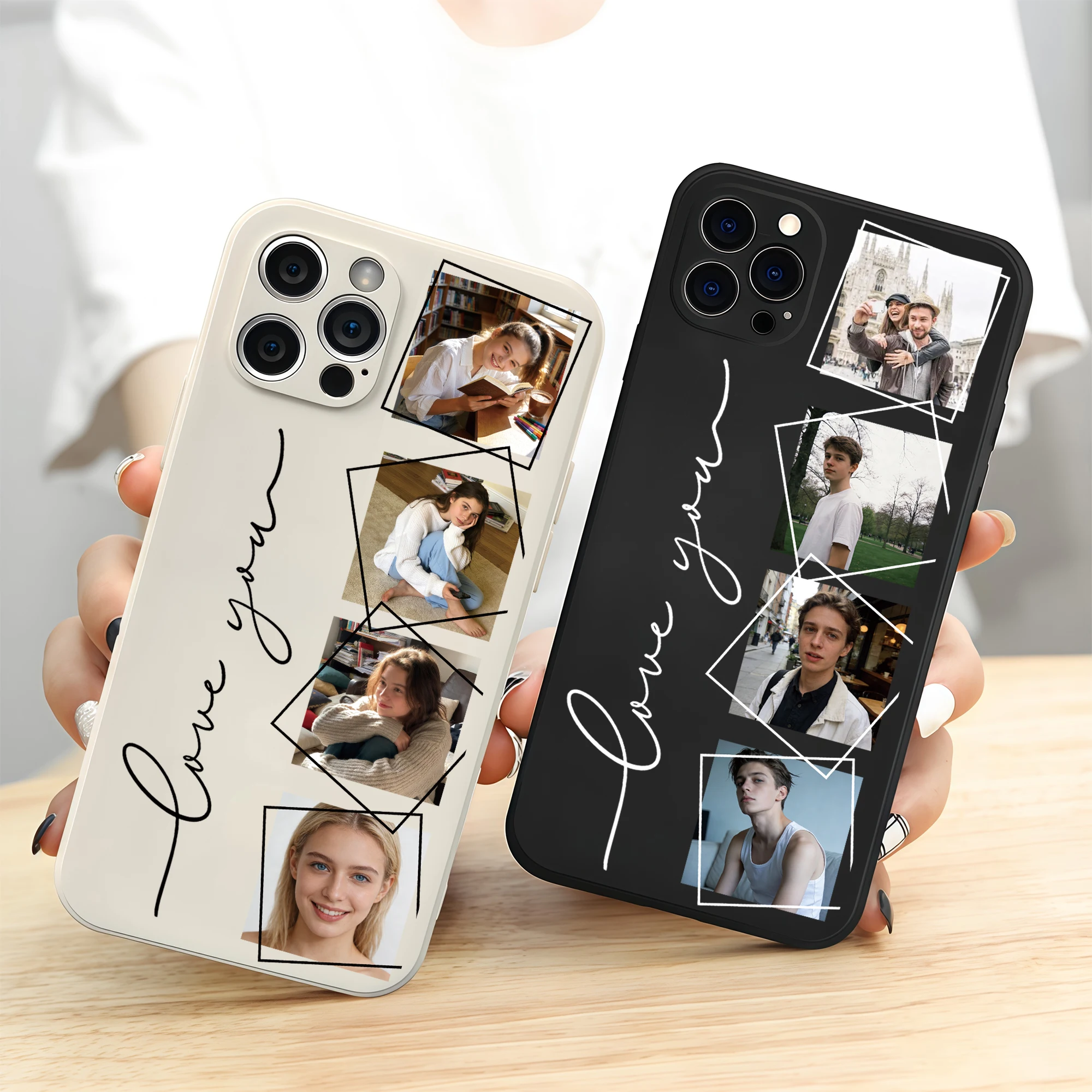 Capa Personalizada com Três ou Quatro Fotos para Família, Amigos ou Casais para iPhone 17 16 15 14 13 12 11 Pro Max Plus Air, Capa de Gel de Sílica Líquida