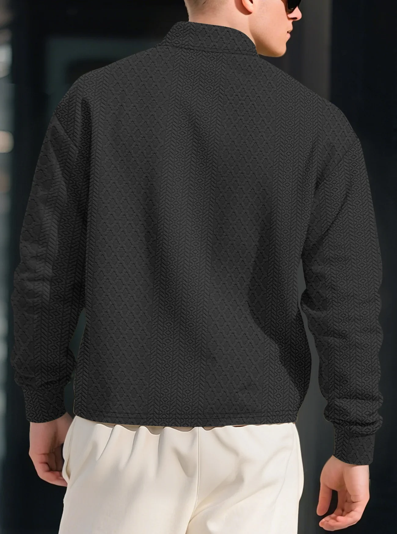 Shapershark Men's Long-Sleeve Polo Shirt High-Quality Men's Office Business Polo Solid Color Textured Jacquard Waffle Weave