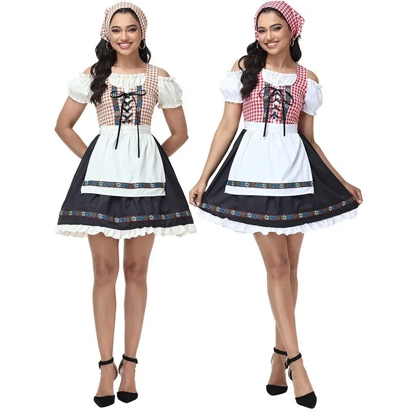 German Bavarian Dirndl Costume For Women Off Shoulder Square Neck Plaid Dress Beer Party Halloween Cosplay Outfit 4 Colors view 5