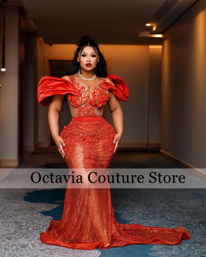 Vestidos de Noche Aso Ebi con apliques de cuentas rojas para chica negra, vestido elegante con cuello redondo para mujer, vestido de fiesta personalizado